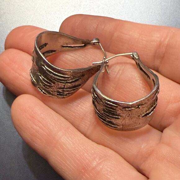 Signed Artisan Brutalist Silver Hoop Earrings - Picture 5 of 7